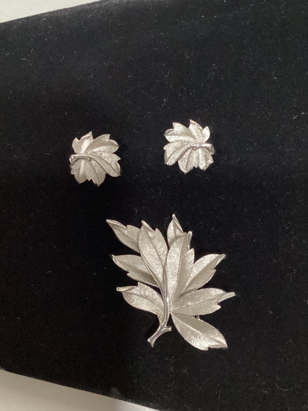 Trifari Silver-Tone Leaf Brooch and Matching Clip Earrings Set